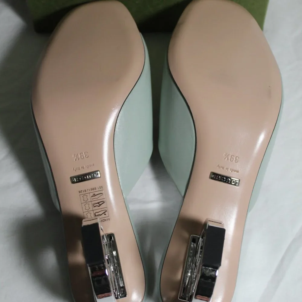 NWB Gucci Interlocking GG Heel Sandals Mules Slip Ons Slides Argento 39.5 772569 - Picture 8 of 9